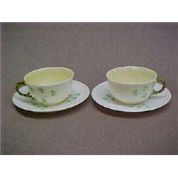 Two Belleek Shamrock Ware teacups and saucers, 5th mark
