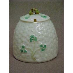 Belleek Shamrock Ware honey pot without stand, 3" tall, 5th mark