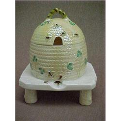 Belleek Shamrock Ware honey pot on stand, 6th mark