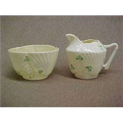 Belleek Harp Shamrock cream and sugar