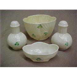 Belleek Open Salt, Cereal Bowl, Salt & Pepper Shakers