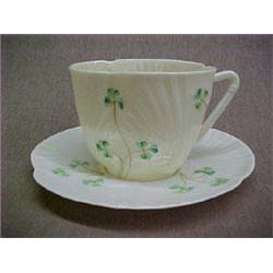 Set of six Belleek Harp Shamrock teacups and saucers, 5th mark