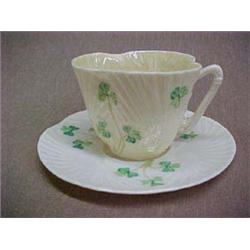 Set 6 Belleek Harp Shamrock Coffee Cups & Saucers