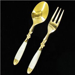Handcrafted Brass & MOP Small Fork & Spoon Pair (DEC-935)
