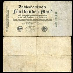 1922 Germany 500 Mark Note Hi Grade Scarce (CUR-05669)