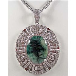 PLATINUM PLATE OVER STERLING SILVER EMERALD AND SAPPHIRE PENDANT W/ CHAIN
