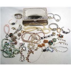 SILVER JEWELRY BOX W/ COSTUME JEWELRY