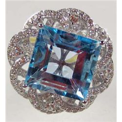 STERLING SILVER LADIES BLUE TOPAZ AND SAPPHIRE RING - SIZE 8