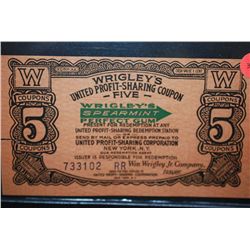 Vintage Wrigley's United Profit-Sharing Coupon "5 Coupons"; Cash Value 1 Cent; EST. $5-10