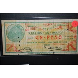 1915 Mexico Oaxaca State Un Peso Foreign Bank Note; EST. $5-10
