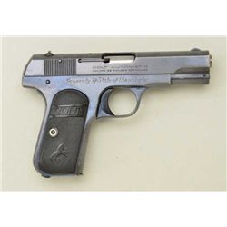 Colt Model 1903 Hammerless Pocket semi-auto  pistol, .32 cal., 3-3/4” barrel, blue finish,  checkere