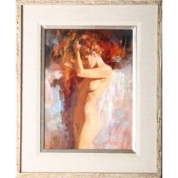 Original oil painting on canvas of nude lady  entitled “Study in Red”, “H. Rogers” (lower  right). A