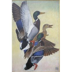 Original oil on canvas signed lower right  Lynn Bogue Hunt entitled “Mallards Rising”.  The painting