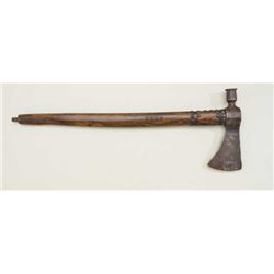 Iron-headed trade-type tomahawk with oak  shaft, metal studs, and burnt file  decoration, early to m