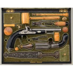 Unusual three piece garniture circa about  1850 of Belgium or French origin showing  single dueler/t