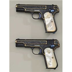 Pair of elaborately custom engraved and flush  gold inlaid Colt Model 1903 pocket autos in  .32 ACP 
