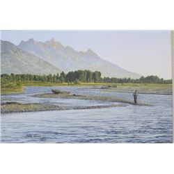 Original oil painting on canvas signed lower  left Peter Corbin showing man fly fishing the  river w