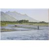 Original oil painting on canvas signed lower  left Peter Corbin showing man fly fishing the  river w