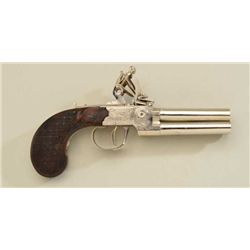 Antique four barrel flintlock English pistol,  11mm cal., 4” round barrels, re-nickeled  finish, fin