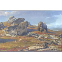 Original oil on canvas signed lower right  Leon Parson showing subject of grizzly bear  on High Moun