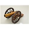Image 4 : Antique small signal or noise maker cannon on  hand carved wood carriage with iron wheels,  approx. 