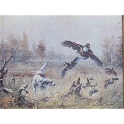 Original oil painting on canvas signed lower  right D. Van Howd showing dog flushing birds.  Approx.
