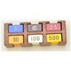Image 2 : Lot of rectangular gambling chips in wood  rack in denominations of 5, 10, 25, 50, 100  and 500 in c