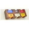 Image 3 : Lot of rectangular gambling chips in wood  rack in denominations of 5, 10, 25, 50, 100  and 500 in c
