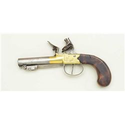 English center hammer flintlock pistol with  under mounted spring bayonet and brass frame,  signed C