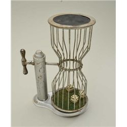 Old metal gambling “Chuck-A-Luck” with three  dice, approx. 12” in height in overall very  good cond