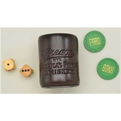 Leather gambling dice cup marked “Cream Rye  America’s Finest Whiskey”, approx. 3-1/2” in  height an