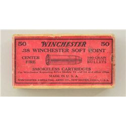 Full box of 50 Winchester smokeless  cartridges in .38 Winchester caliber, red  label, box is in ove