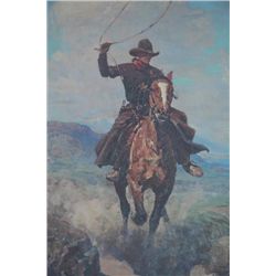 Framed color print by famed Western artist  Frank Tenney Johnson entitled “On the Open  Range” showi