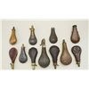 Image 1 : Lot of 12 misc. powder flasks, mostly  European, mostly brass; several leather  covered and most in 