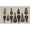 Image 2 : Lot of 12 misc. powder flasks, mostly  European, mostly brass; several leather  covered and most in 