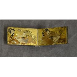 Finley handcrafted Japanese belt buckle with  hinged door showing erotic (shunga) scenes of  man and