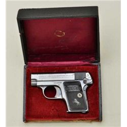 Colt Model 1908 semi-auto pistol. .25 cal.,  2” barrel, blue finish, checkered black hard  rubber gr