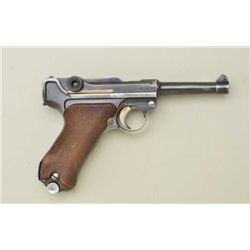 German Luger semi-auto pistol, 9mm cal., 4”  barrel, “G” and “S/42” marked, military blue  finish, c