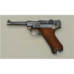 German Luger semi-auto pistol, 9mm cal., 4”  barrel, S/42 marked toggle, 1936 dated, blue  finish, c