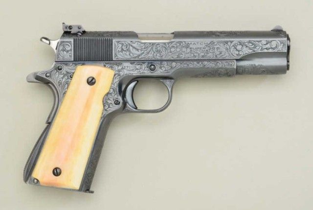 Rare Factory Engraved Pre War Colt 38 Super Match Semi Auto Pistol Blue Finish Ivory Grips Ship Rare Factory Engraved Pre War Colt 38 Super Match Semi Auto Pistol Blue Finish Ivory Grips Ship