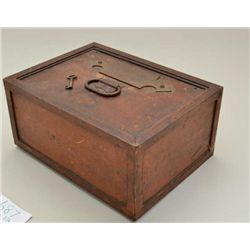 Old heavy iron strong box approx. 12” x 16” x  7” with key and operating lock at time of  descriptio