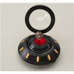 Interesting silver man’s ring marked  “Sterling” in the shape of a buffalo head  with green cut glas