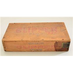 Old sealed full wood box of “Clipper Chew  Plug” tobacco, approx. 7” x 13” x 3” with red  and white 