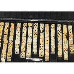 Gambler’s dice lot in leatherette covered  carry case with metal vice to mark and “load”  dice; over