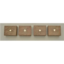 Lot of four birdseye maple boxes full of  colored faro chips, each box lid inlaid with  a suit type 