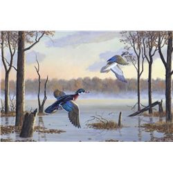 Original gouache on board entitled “Morning”  signed lower right by Russ Johnson. From  Robert E. Pe