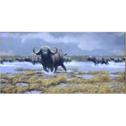 Original oil painting on board signed lower  right Russ Johnson. Approx. 15”x30” in mint  condition,