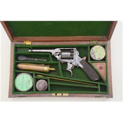 Cased Tranter’s patent percussion revolver,  .36 cal., 4-1/2” barrel, blue finish,  engraved frame a