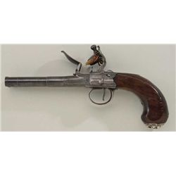 British double barrel Flintlock pistol with  silver mask butt and cannon barrels signed  “Henshaw, C