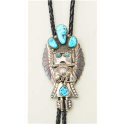 Older finely accomplished Indian pawn  turquoise and silver bolo tie in the form of  a Kachina entit